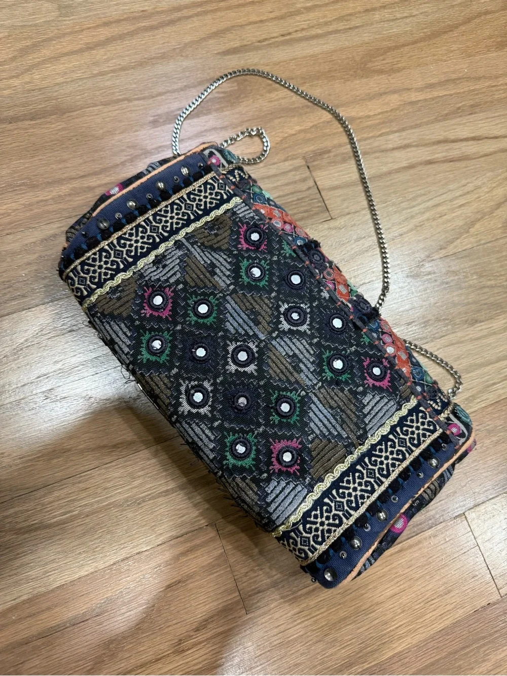 Ecote Navy Embroidered Beaded Clutch with Chain Strap